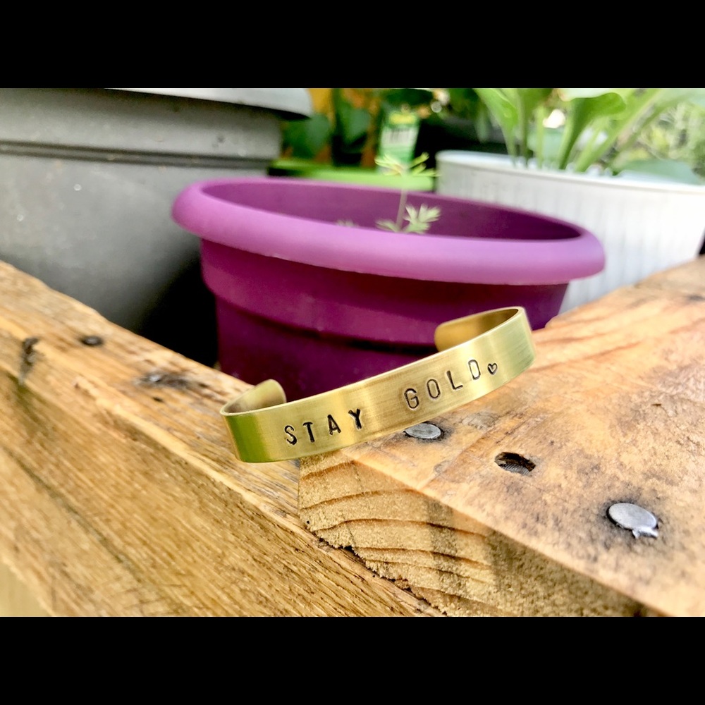 Hand stamped adjustable brass bracelet
